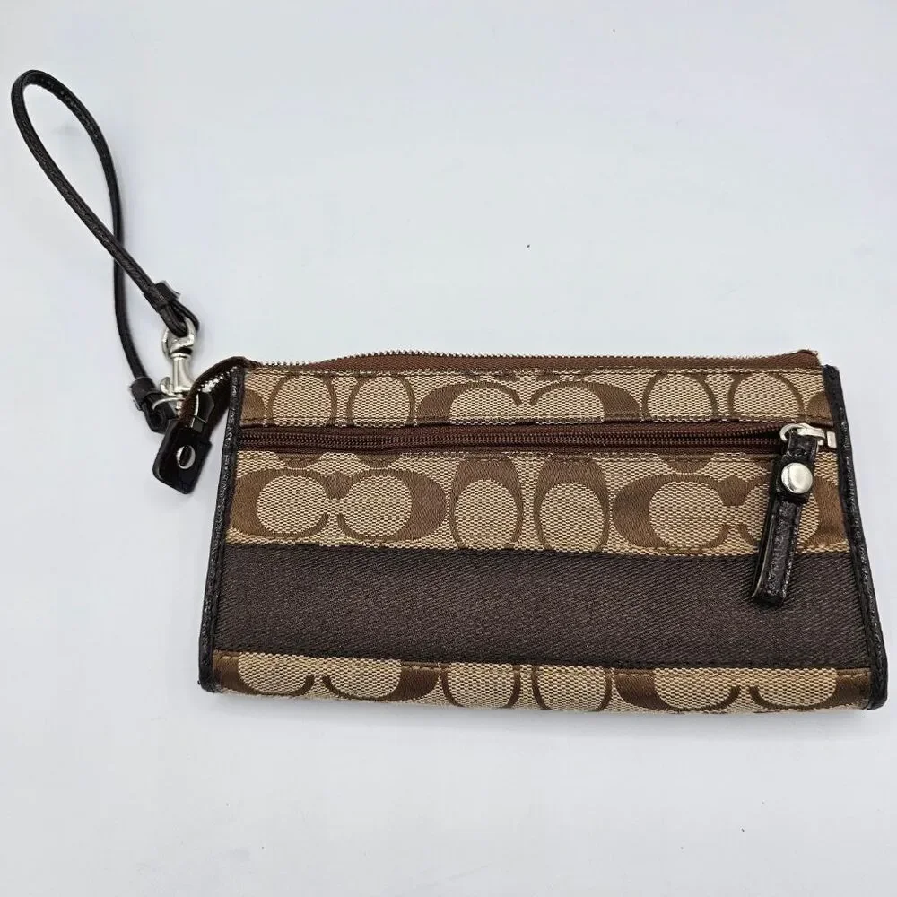 Coach Signature Jacquard Wristlet Wallet Khaki Brown Zip Clutch Leather Trim